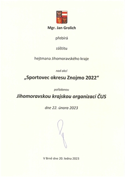 Hejtman Jihomoravského kraje Mgr. Jan Grolich zaštítil akci Sportovec okresu Znojmo roku 2022